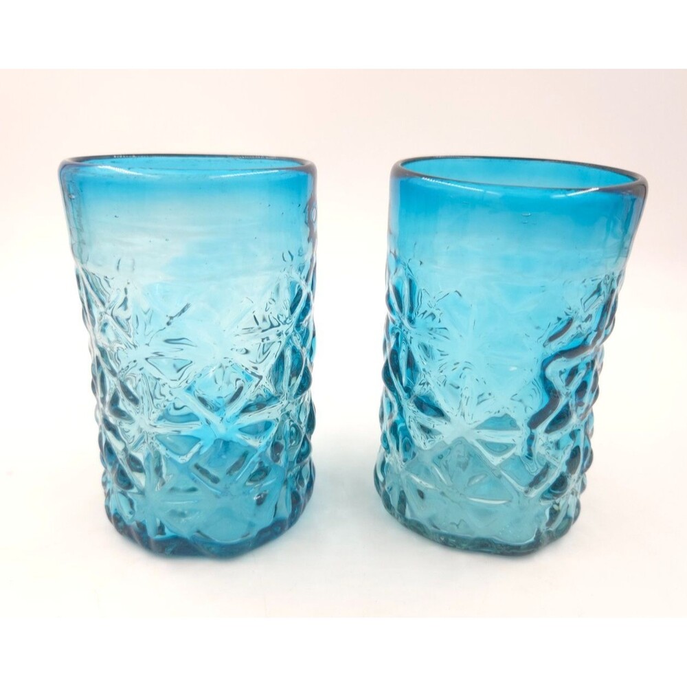 Amici Hand Blown Recycled Glass Tumbler 12 oz Faded Blue Diamond Pattern